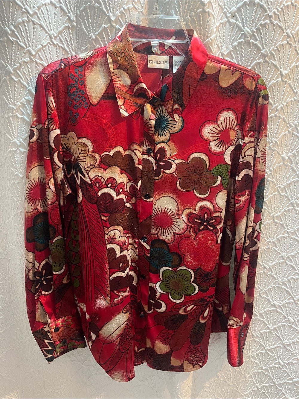 Chico's Red Floral Graphic Button-Down Shirt with Multicolor Blooms